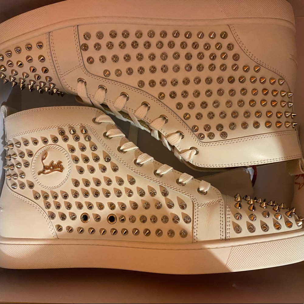 New Christian Louboutin Louis Flat Spikes White Silver Sneakers Sz 46/13